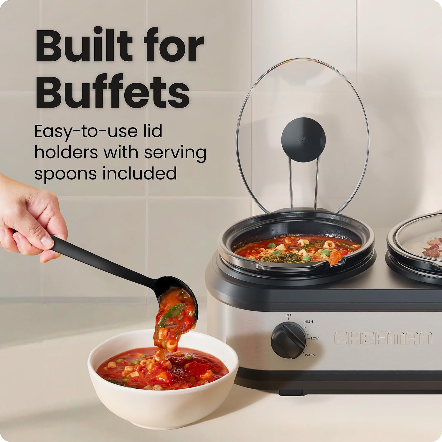 Chefman Triple Slow Cooker & Food Warmer, Three Crock Slowcooker with 2.5 Qt. Ceramic Crocks, 7.5-Quart Total Capacity, PFAS-Free, Three Temperature Settings, Dishwasher-Safe Parts – Stainless Steel - Image 4