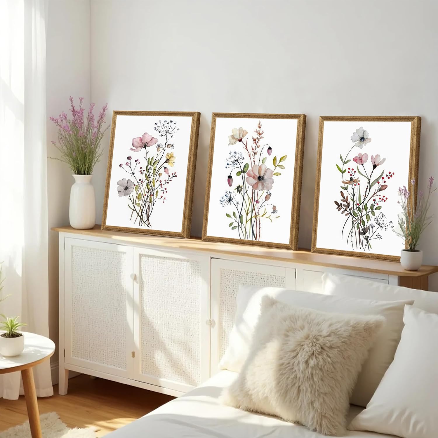 WRFON Framed Botanical Canvas Wall Art Set of 3, Watercolor Floral Prints, Framed Flower Wall Decor for Bedroom Bathroom Living Room, 12x16 Inch Each - Image 3