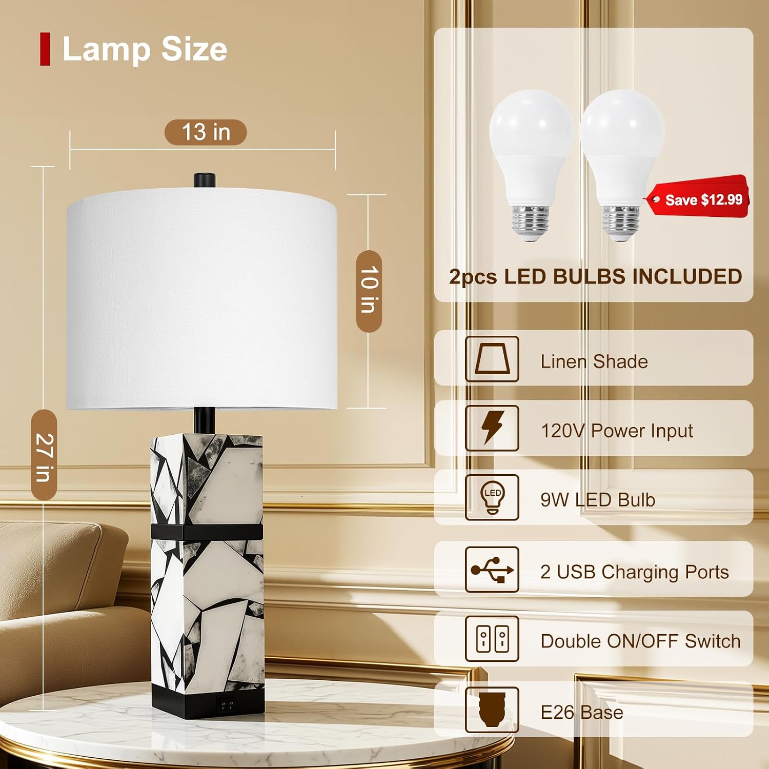 Scenekoy 27" Alabaster Table Lamps Set of 2 with Night Light for Living Room Bedroom, Nightstand Lamps with Linen Shade, Modern Bedroom Lamps with USB A+C Ports for Living Room Office (Bulb Included) - Image 2