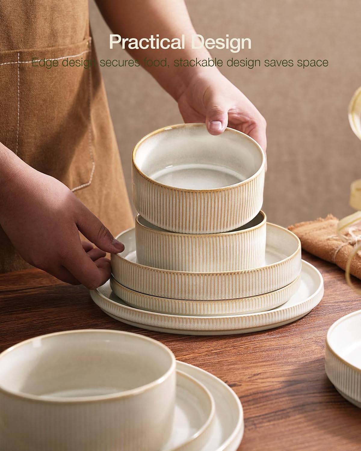 Famiware Star Dinnerware Sets, Plates and Bowls Set for 4, 12 Pieces Ribbed Dishes - Chip and Scratch Resistant, Microwave and Dishwasher Safe Tableware, Cappuccino White - Image 6