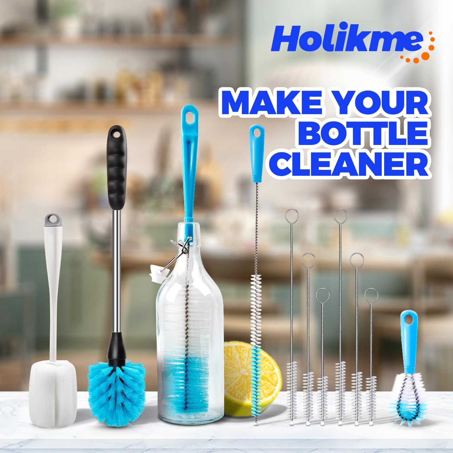 Holikme Bottle Brush Tube Cleaning Lab Set with Long Handle, Cup Cleaner for Washing Narrow Neck Beer Wine Decanter Pipes Lids Sinks Cap Covers, White - Image 6