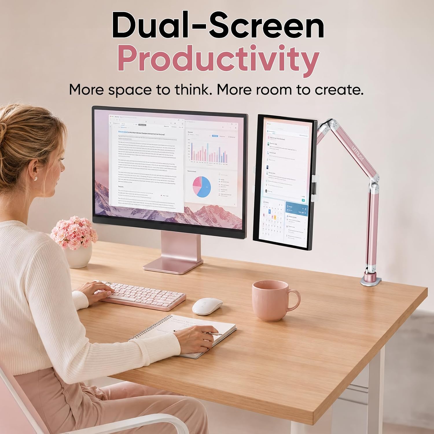 Urmust Portable Monitor Stand 15.6", iPad Stand for Desk, Portable Monitor Holder up to 18.5", Adjustable Desktop Tablet Arm Mount, iPad Holder for Desk, for 4.7"-12.9" i Pad Pro/Air/Mini Pink - Image 8