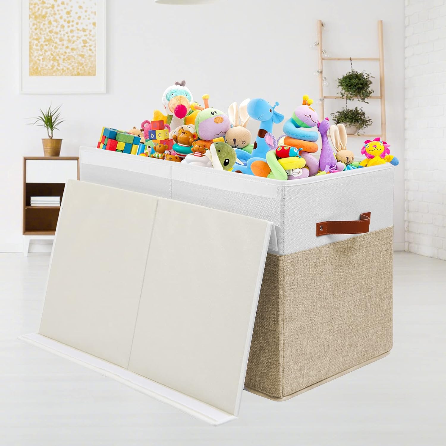 Gowee Large Toy Storage Box with Lid, Sturdy Toys Storage Chest Bin Organizer Basket with Dividers for Kids, Boys, Girls, Nursery, Closet, Bedroom, Playroom 25"x13" x16" (Beige and White) - Image 4