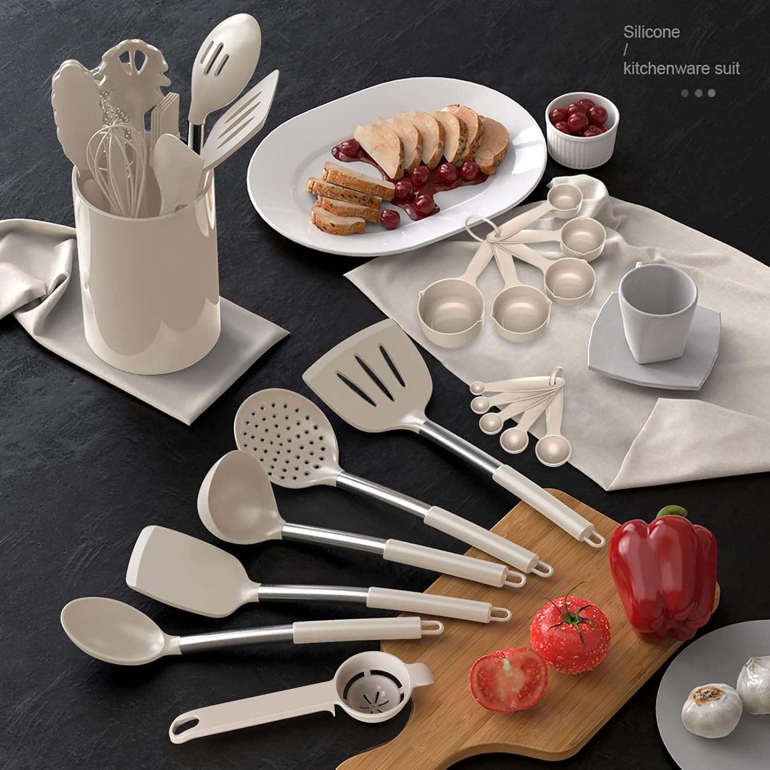oannao Large Silicone Cooking Utensils Set - Heat Resistant Kitchen Utensils,Turner Tongs,Spatula,Spoon,Brush,Whisk,Stainless Steel Cooking Tool for Nonstick Cookware,Dishwasher Safe (Khaki) - Image 7