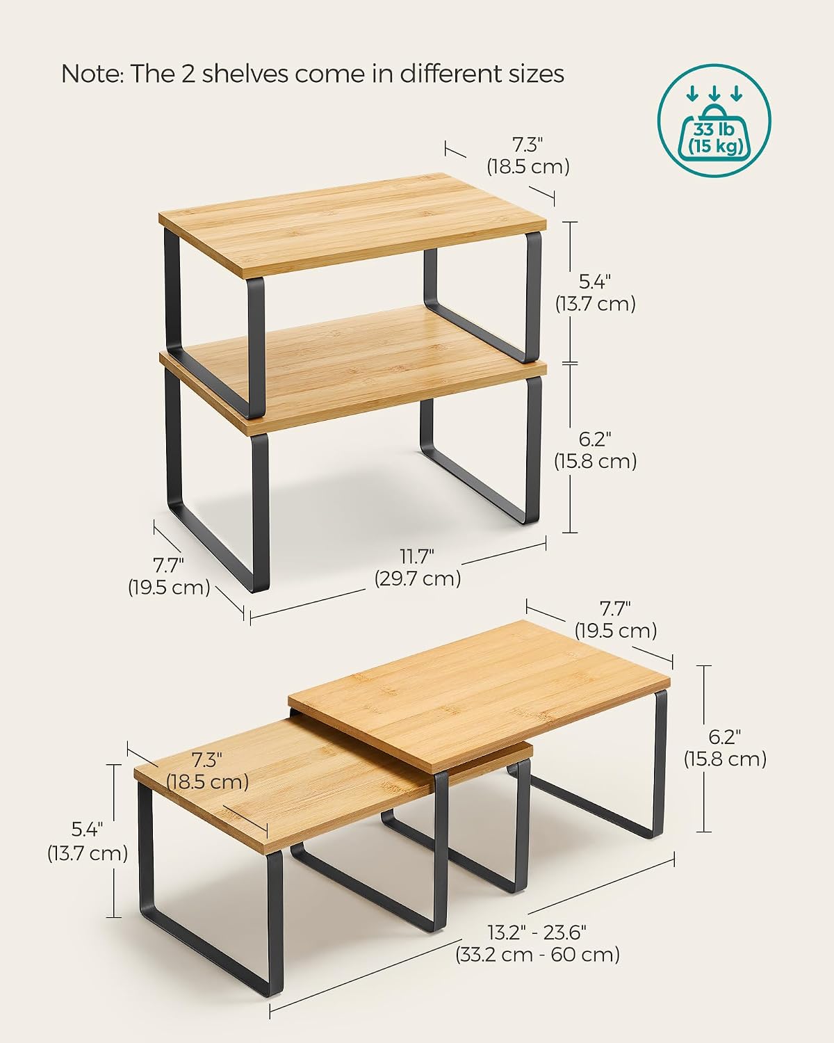 SONGMICS Cabinet Organizer Shelf, Set of 2 Kitchen Counter Shelves, Kitchen Storage, Spice Rack, Stackable, Expandable, Metal and Engineered Wood, 11.7 Inches, Ink Black and Natural Beige UKCS02NB - Image 2