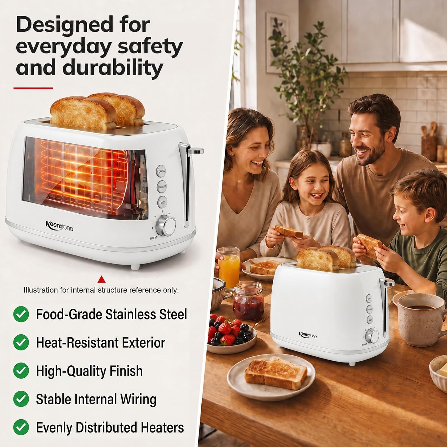 Keenstone Toaster 2 Slice, Retro Wide Slot Stainless Steel Toaster with 6 Browning Levels, Reheat & Defrost, for Bagel, Toast, Bread, Kitchen Essentials, Removable Crumb Tray, White - Image 3