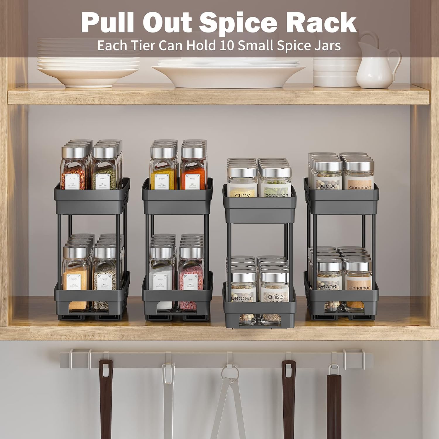 Pull Out Spice Rack Organizer for Cabinet, 3 Packs Slide Out Spice Racks Organizer, Spice Cabinet Organizers, Cabinet Size Need:12'' Highx11'' Deepx5'' Wide,Each Tier Hold 10 Spice Jar - 2 Tier, Black - Image 8