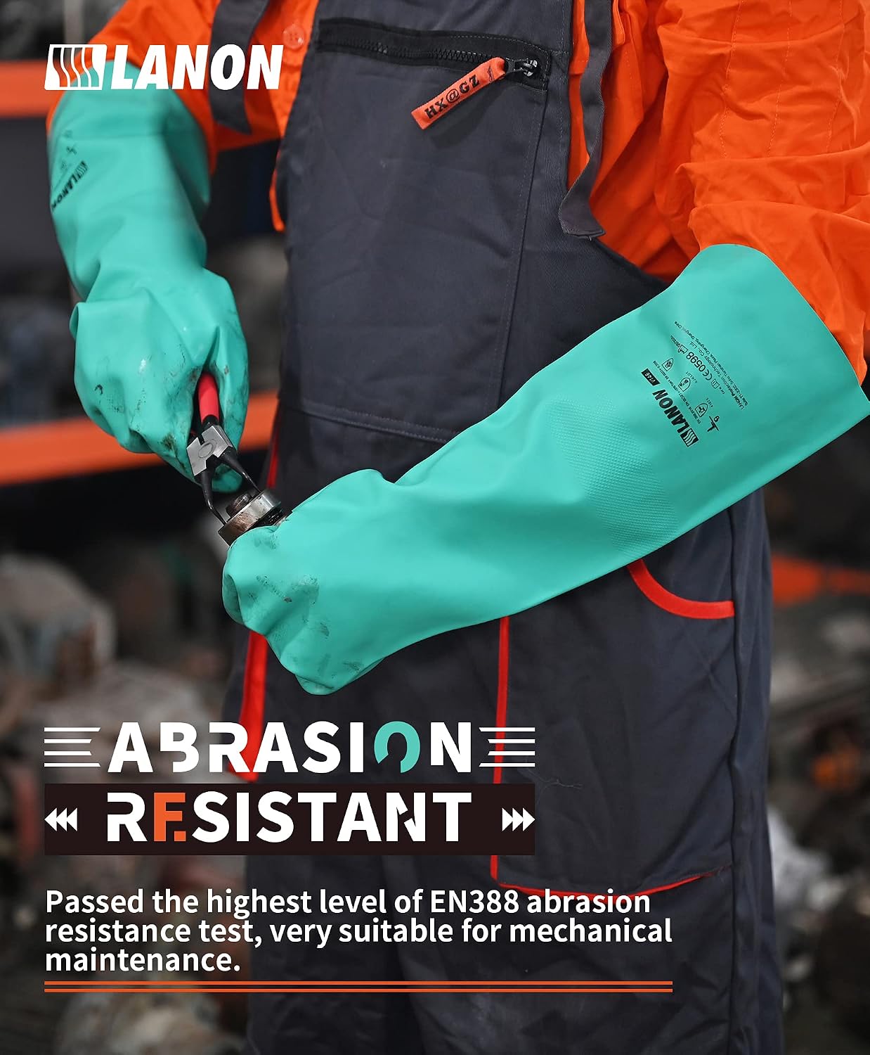 LANON Nitrile Chemical Resistant Gloves, Reusable Heavy Duty Safety Work Gloves, Acid, Alkali and Oil Protection, 18" Length, Non-Slip, Large - Image 4