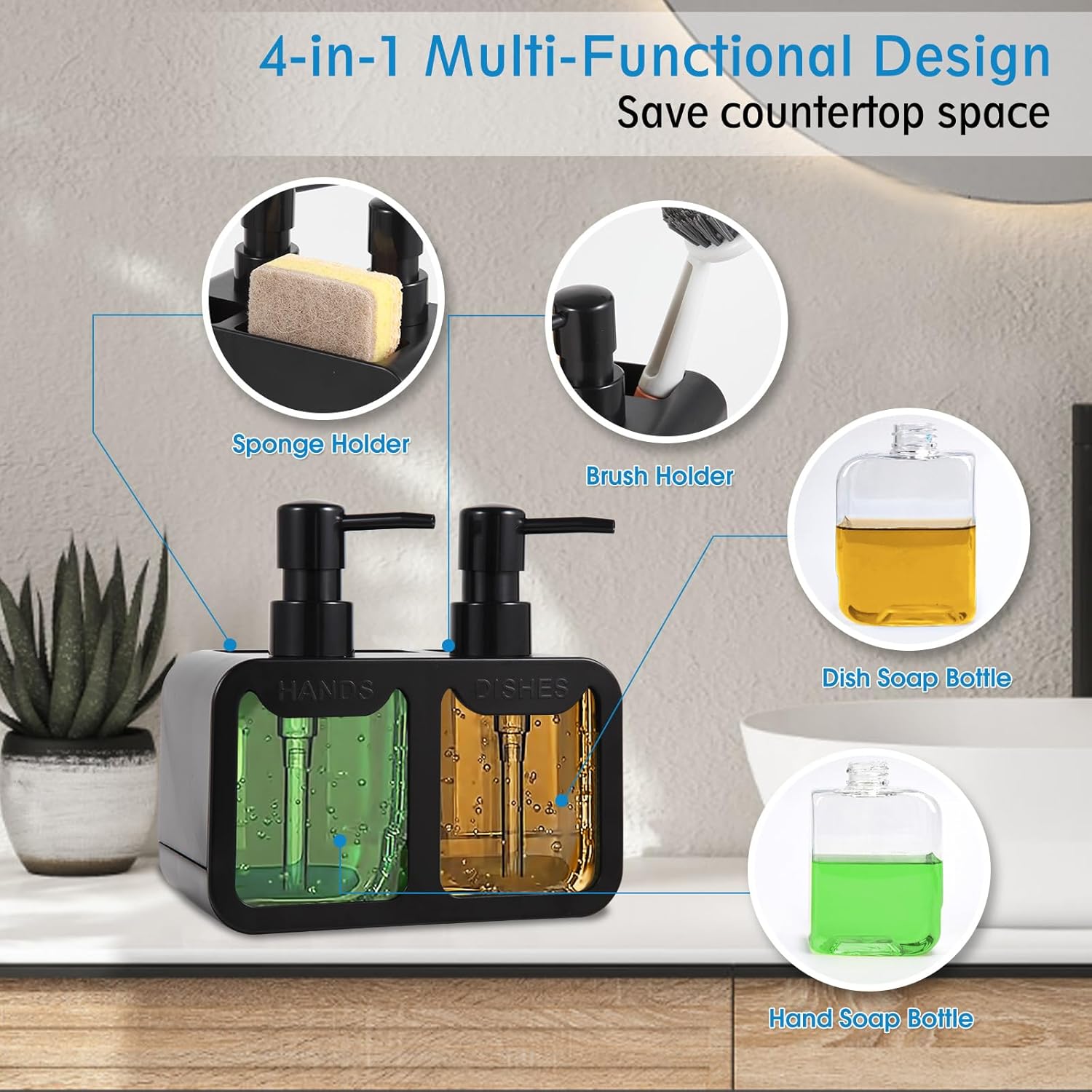 Kitchen Soap Dispenser Set, with Hand and Dish Soap, Sponge Caddy and Brush Holder 4-in-1 Kitchen Dual Soap Dispenser Set for Kitchen Sink, Bathroom - Black - Image 2