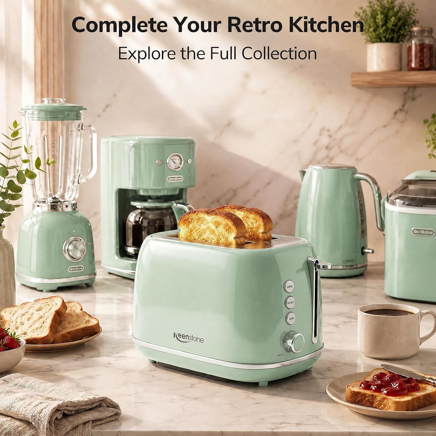 2 Slice Stainless Steel Toaster Retro with 6 Bread Shade Settings, Bagel, Cancel, Defrost Function, Extra Wide Slot, Removable Crumb Tray Green - Image 8