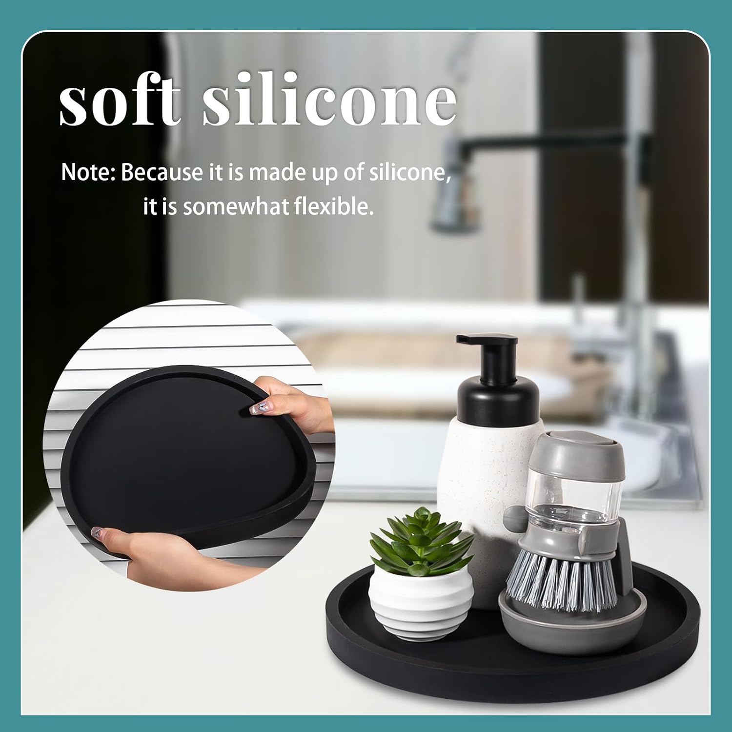 Silicone Bathroom Tray Coffee Table Decor Perfume Organizer, 9" Black | Decorative, Easy to Clean, Waterproof, Scratch-Resistant, Non Slip, for Bathroom Counter, Vanity, Kitchen Countertop, Display - Image 6
