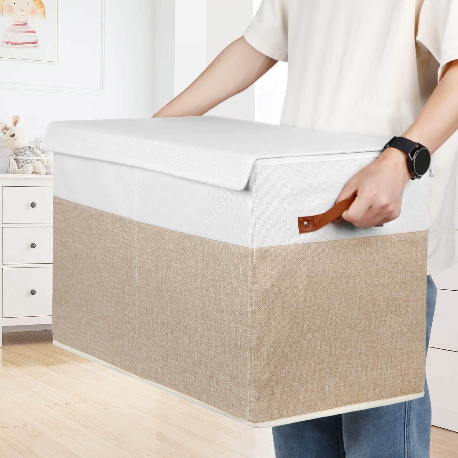 Gowee Large Toy Storage Box with Lid, Sturdy Toys Storage Chest Bin Organizer Basket with Dividers for Kids, Boys, Girls, Nursery, Closet, Bedroom, Playroom 25"x13" x16" (Beige and White) - Image 6