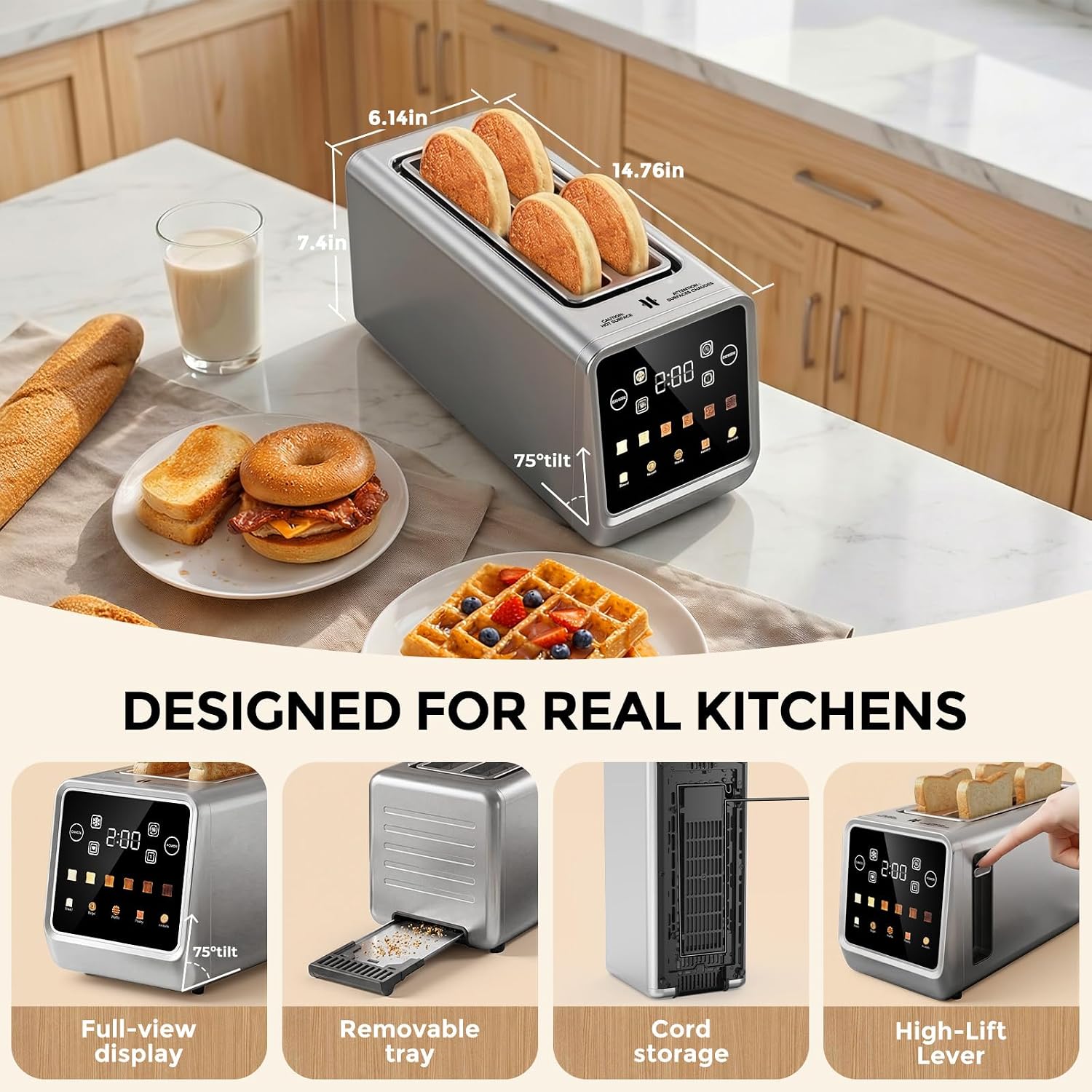 Long Slot Toaster 4 Slice with Touchscreen, 1400W Stainless Steel 2-Slot Smart Appliance Extra Wide 1.5 Inch, Single Mode BreadID Tech Timer for Bagel Waffle - Image 8