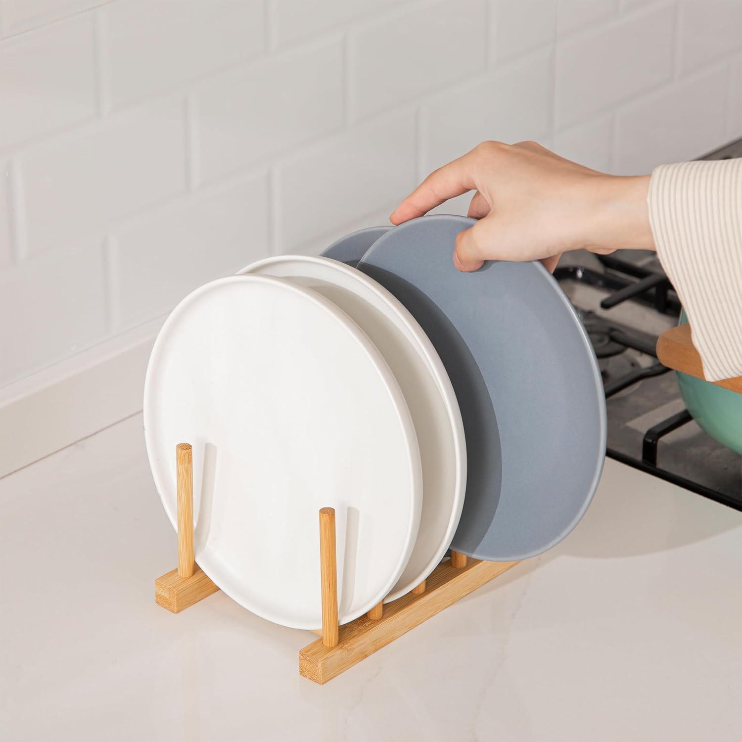 HBlife Bamboo Dish Plate Bowl Cup Book Pot Lid Cutting Board Drying Rack Stand Drainer Storage Holder Organizer Kitchen Cabinet(Keep Dry) - Image 4