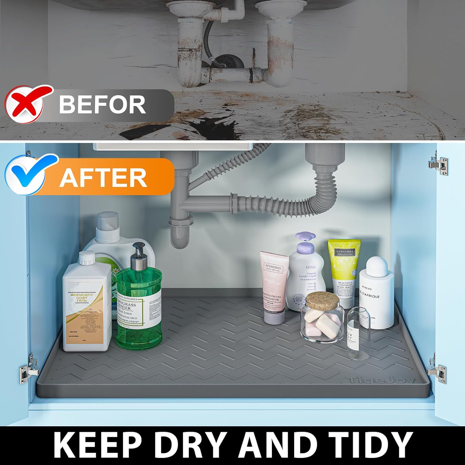 TigeJoy Waterproof Under Sink Mat 22" x 19", Shelf Liner Protector in Kitchen and Bathroom, Silicone Cabinet Liners for Organizers and Storage, Fit as Drawer Mats or Drip Tray - Image 5