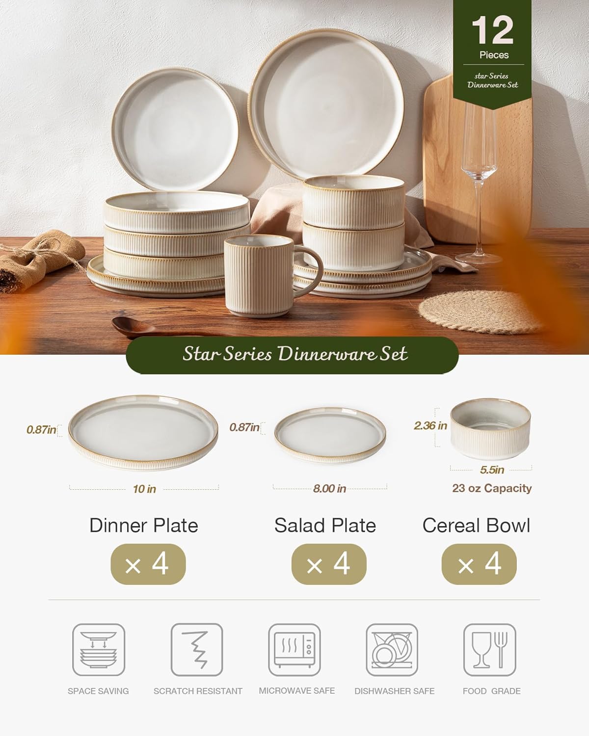 Famiware Star Dinnerware Sets, Plates and Bowls Set for 4, 12 Pieces Ribbed Dishes - Chip and Scratch Resistant, Microwave and Dishwasher Safe Tableware, Cappuccino White - Image 3