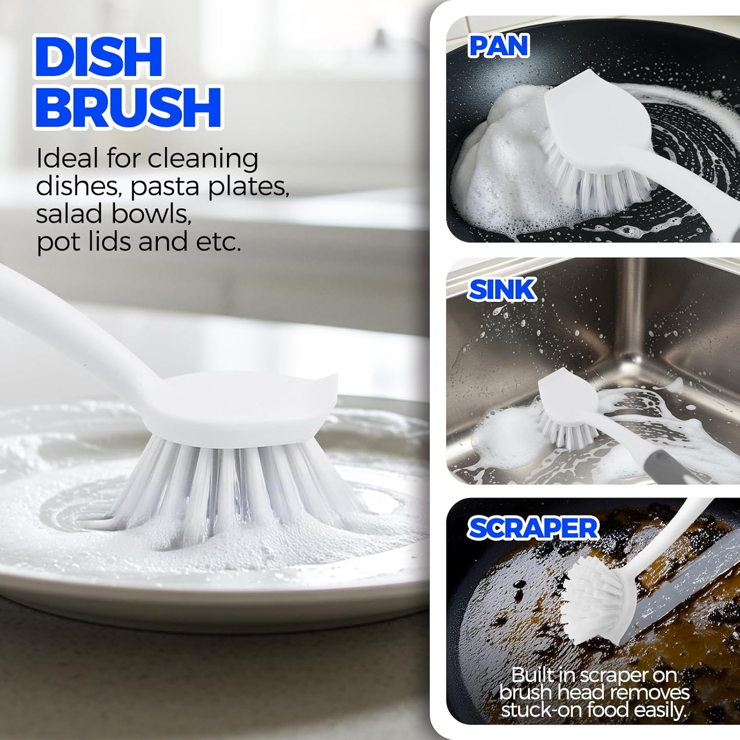 Holikme 6 Pack Dish Brush Set with Bottle Brush, Dish Scrub Brush, Pan Brush and 3 Straw Brushes, Deep Cleaning Handle Brush with Scraper Tip for Kitchen Sink Dishes Bottle Cup Pot and Pans (Gray) - Image 2