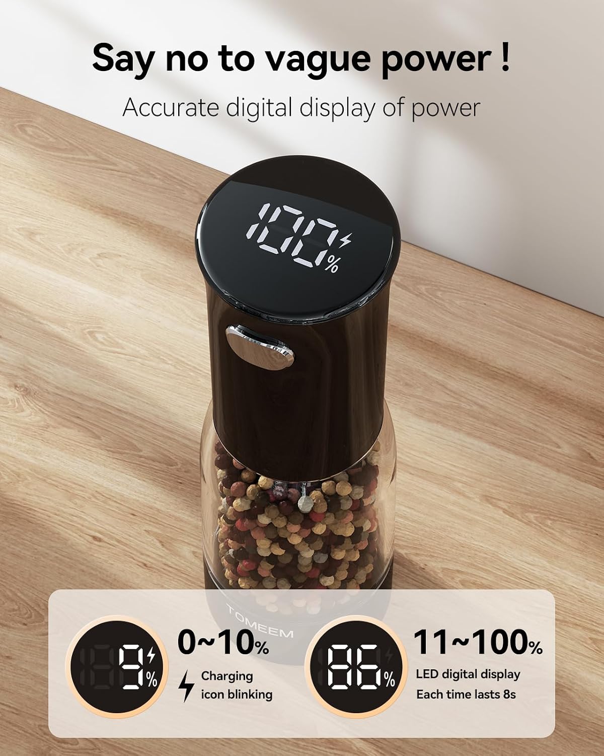 TOMEEM Electric Salt and Pepper Grinder Set – Rechargeable with LED Power Indicator, 5-Level Adjustable Grinding, LED Light, 4.5oz Large Capacity Salt and Pepper Shakers with Storage Base - Image 2
