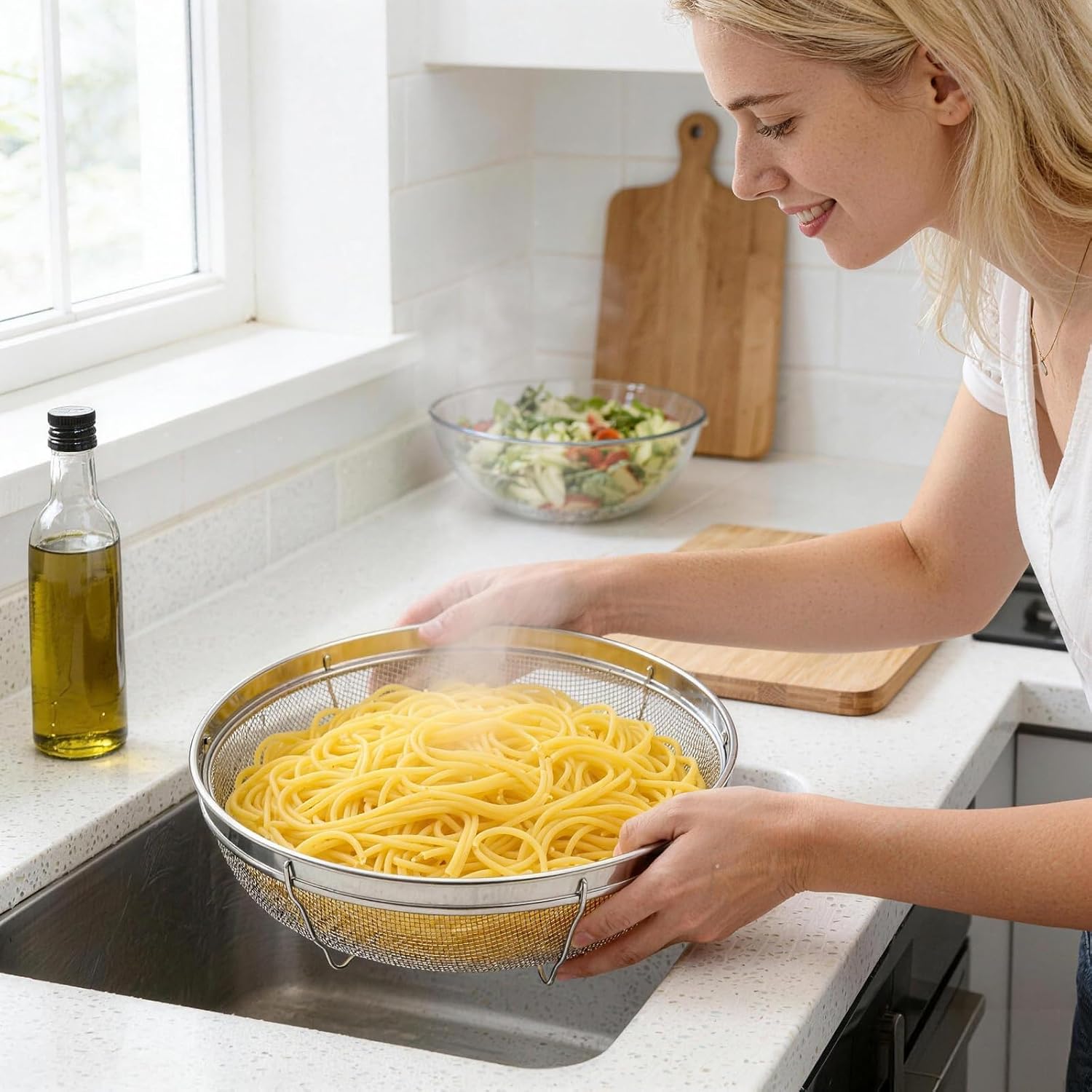 Fine Mesh Strainer for Kitchen, Stainless Steel Colander Bowl for Pasta, Rice, Fruit, Metal Net Baskets with Resting Base - Strain, Drain, Rinse (Diameter 9.84 inch) - Image 6