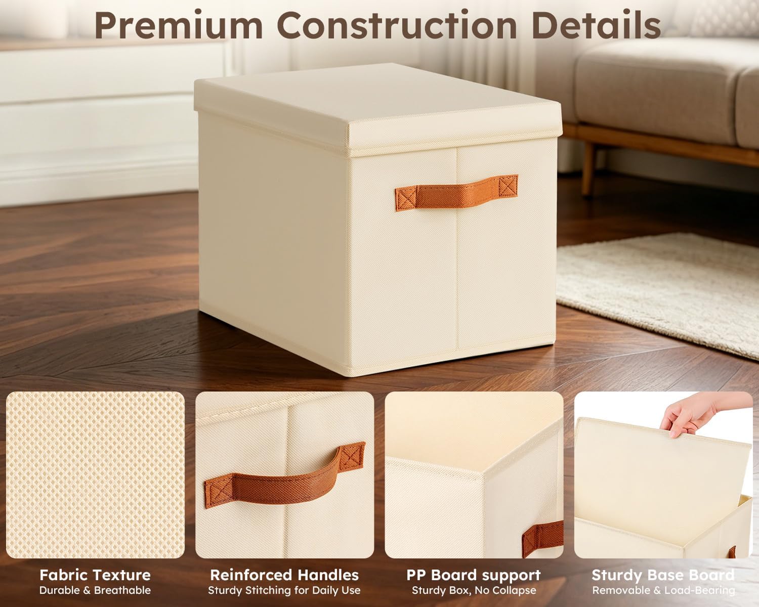 Homsorout Storage Bins with Lids - Fabric Storage Baskets for Shelves, 6 Pack Foldable Decorative Boxes with Handles, Stackable Organizer Bins for Home, Nursery, Dorm, Beige - Image 6