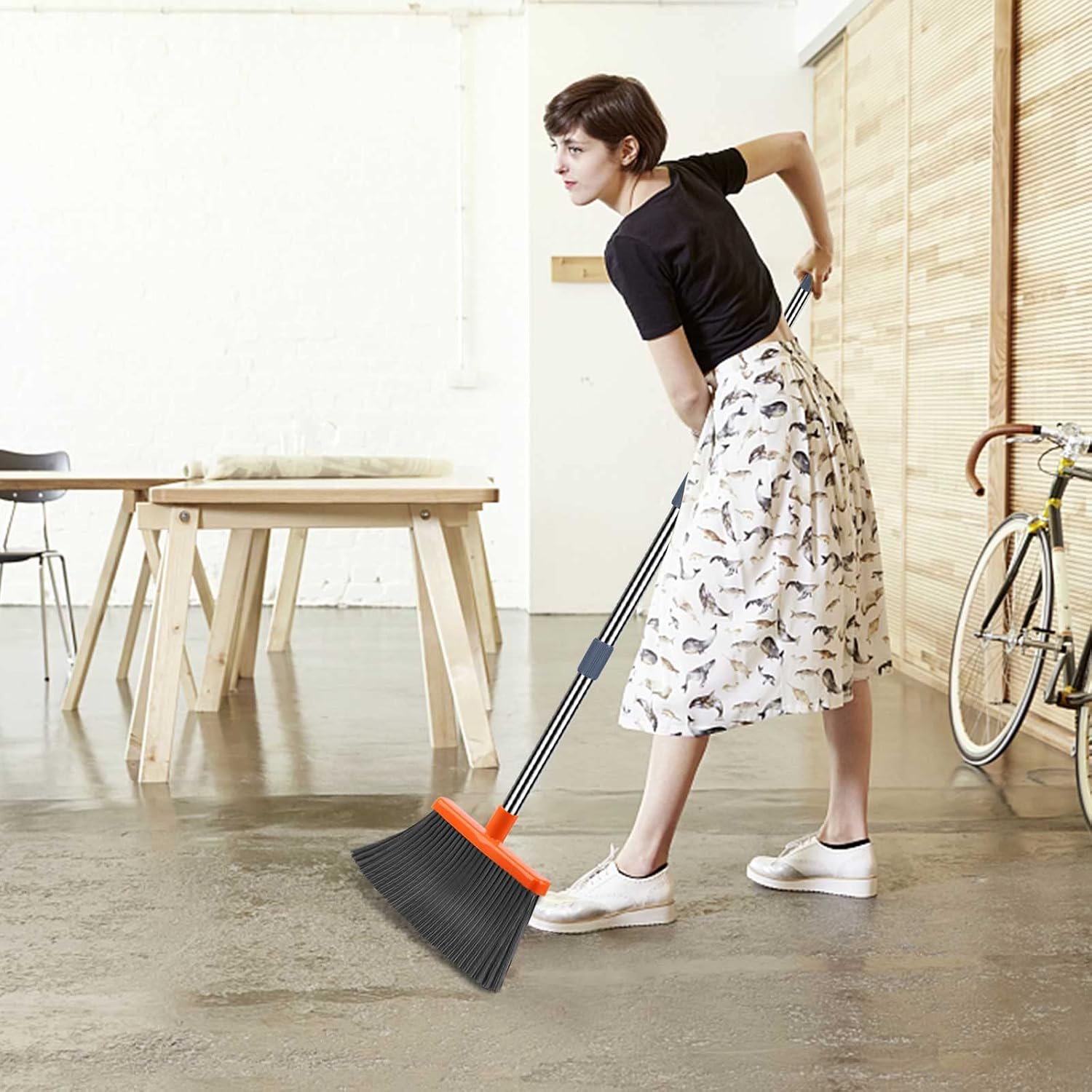 Upgrade Broom and Dustpan Set, Self-Cleaning with Dustpan Teeth, Indoor&Outdoor Sweeping, Ideal for Dog Cat Pets Home Use, Stand Up Broom and Dustpan (Gray&Orange) - Image 5