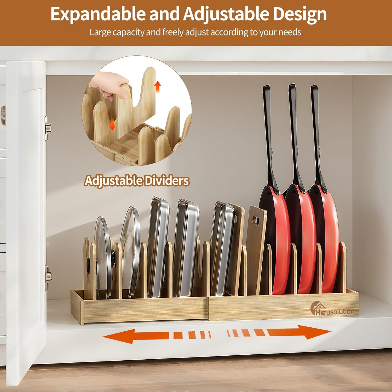 Housolution Bamboo Pot and Pan Organizer for Cabinet, 15"-29" Expandable Pot Lid Organizer with 10 Adjustable Dividers, Wooden Pan Holder Storage Rack, Fully Expanded Size 29.5" W x 8" D x 7.5" H - Image 3
