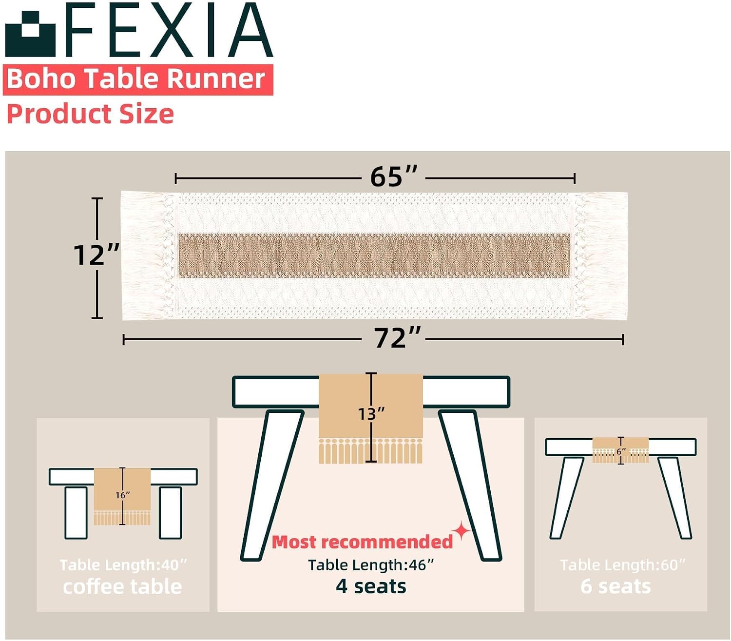 FEXIA Boho Table Runner for Home Decor with Tassels 72 Inches Farmhouse Long Pottery Barn Furniture Rustic Macrame Burlap Table Decoration for Living Room Bridal Shower (12x72 Inches) - Image 2