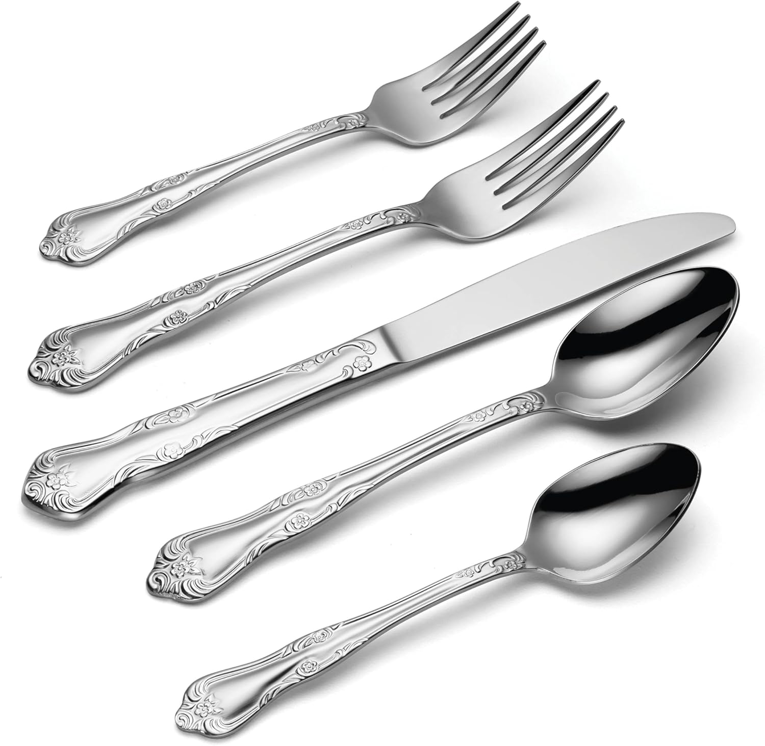 Oneida Silverware Set For 8, Azalea 45-Piece Everyday Flatware Set with Serving Utensils, Floral, Service For 8, 18/0 Stainless Steel, Dishwasher Safe, Knives Spoons And Forks Sets (Silver, 45 Pieces) - Image 3