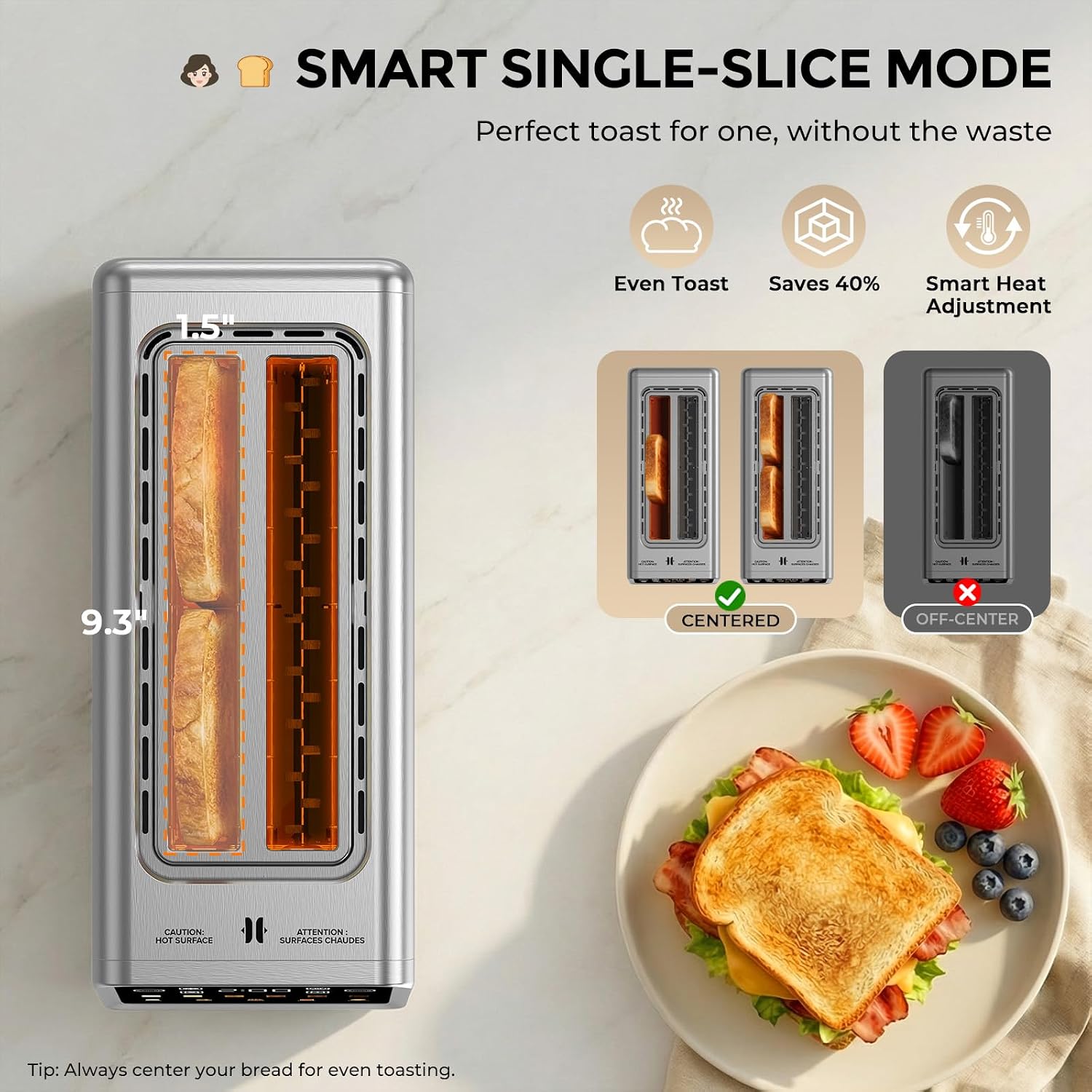 Long Slot Toaster 4 Slice with Touchscreen, 1400W Stainless Steel 2-Slot Smart Appliance Extra Wide 1.5 Inch, Single Mode BreadID Tech Timer for Bagel Waffle - Image 5