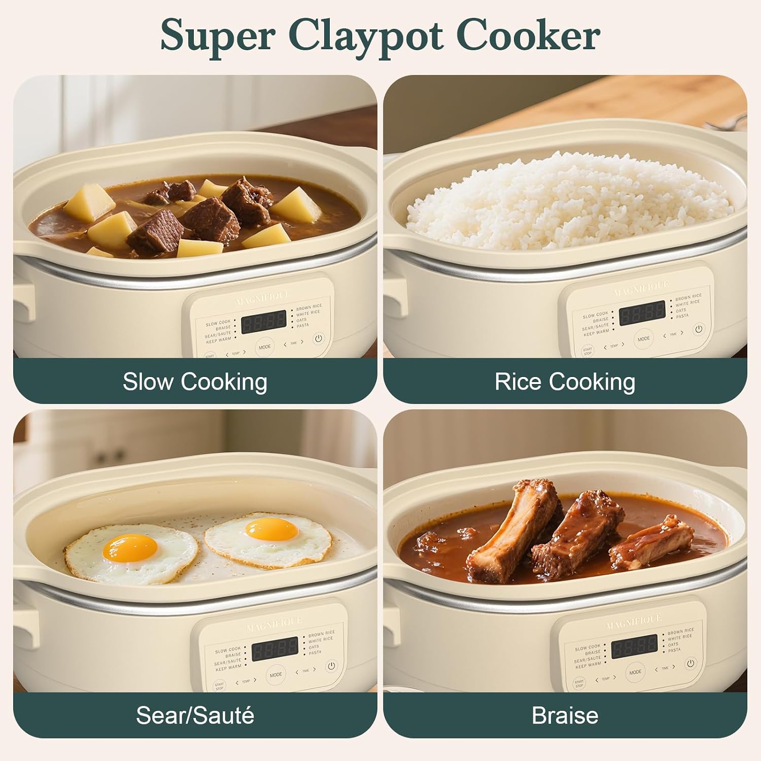 MAGNIFIQUE 4 Quart Programmable Casserole Slow Cooker, 8-in-1 Multi Cooker with Removable Non-Toxic Stoneware Crock, Claypot Slow Cooker, Rice-cooking, Nonstick, Oven Safe Pot to 450°F, Oatmeal - Image 4