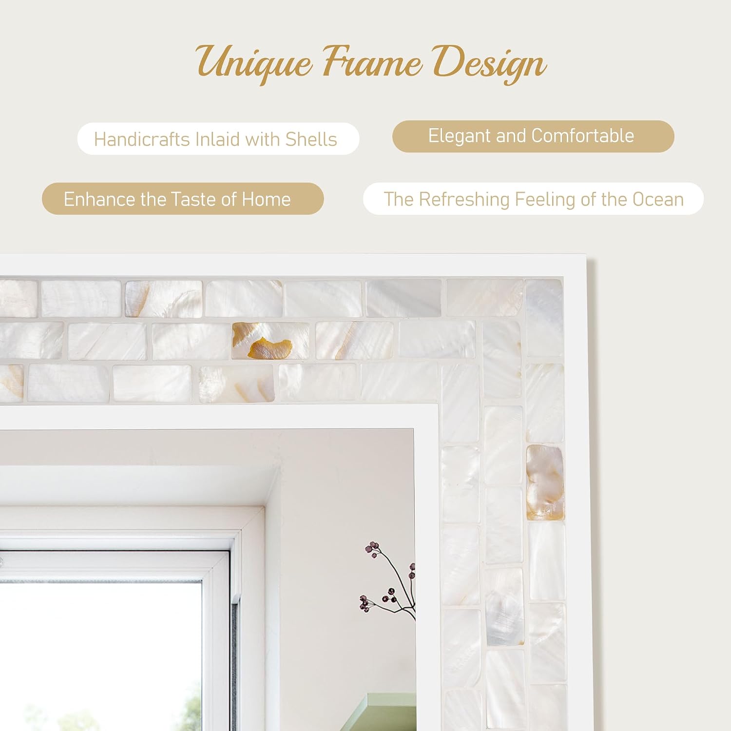 20x28 Inch Mosaic Rectangle Mirrors for Wall | Handcrafted Natural Shell Mosaic Border, Horizontal & Vertical Mount Decor Mirror for Bathroom Entryway Bedroom - Image 4