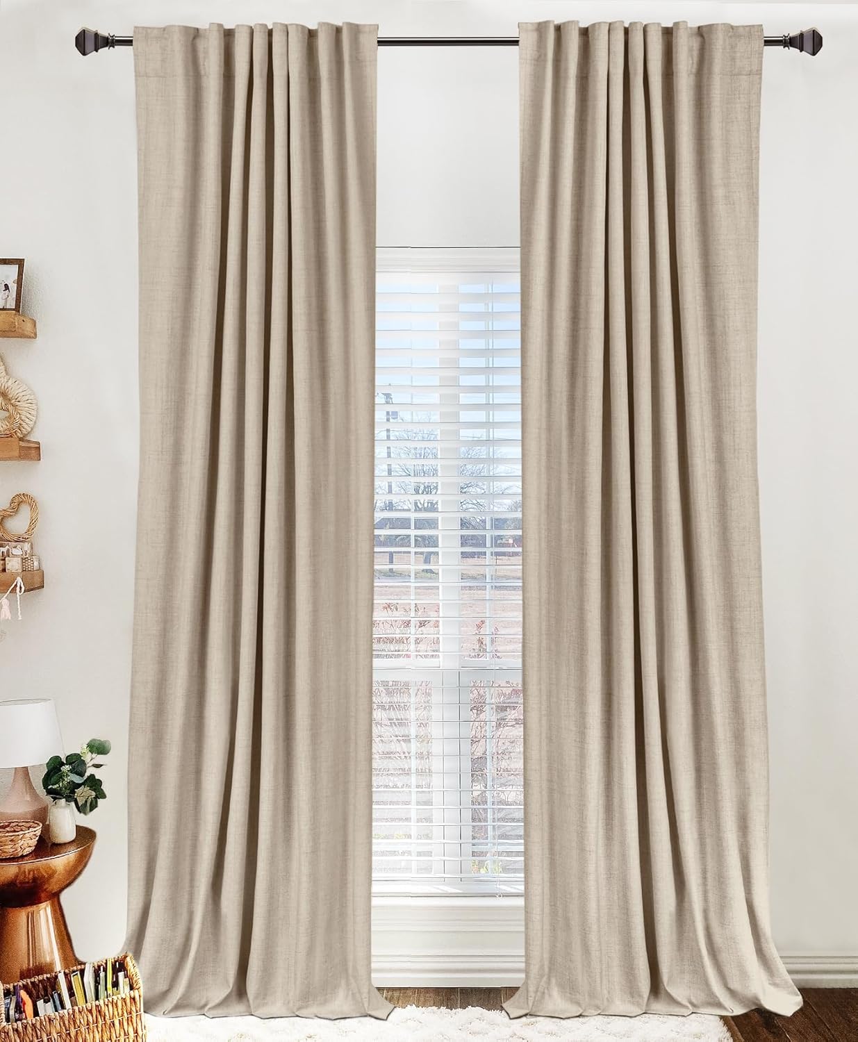 100% Blackout Shield Linen Blackout Curtains for Bedroom 84 Inches Long, Back Tab/Rod Pocket Living Room Drapes, Thermal Insulated Blackout Curtains 2 Panels Set, 50" W x 84" L, Oatmeal