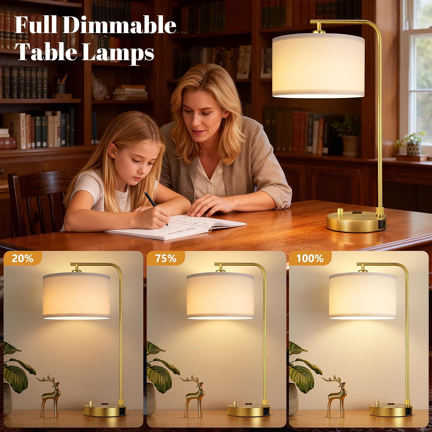 Innqoo Bedside Table Lamps for Bedroom Set of 2-Dimmable Nightstand Lamps with USB Port and Outlet,Modern Gold Lamps with Linen Shade,Tall Desk Lamps for Home Office Bedroom Living Room End Table - Image 2