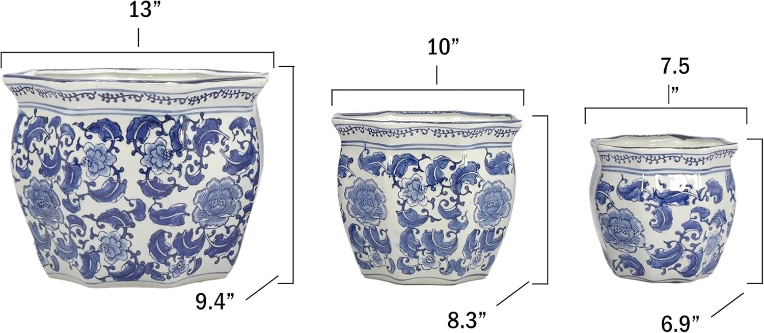 Galt International Blue & White Round Fluted Classic Floral Porcelain Ceramic Plant Flower Planter Pot Set of 3 (7.5", 10", 13") Garden Pots Chinese Asian Design - Image 2