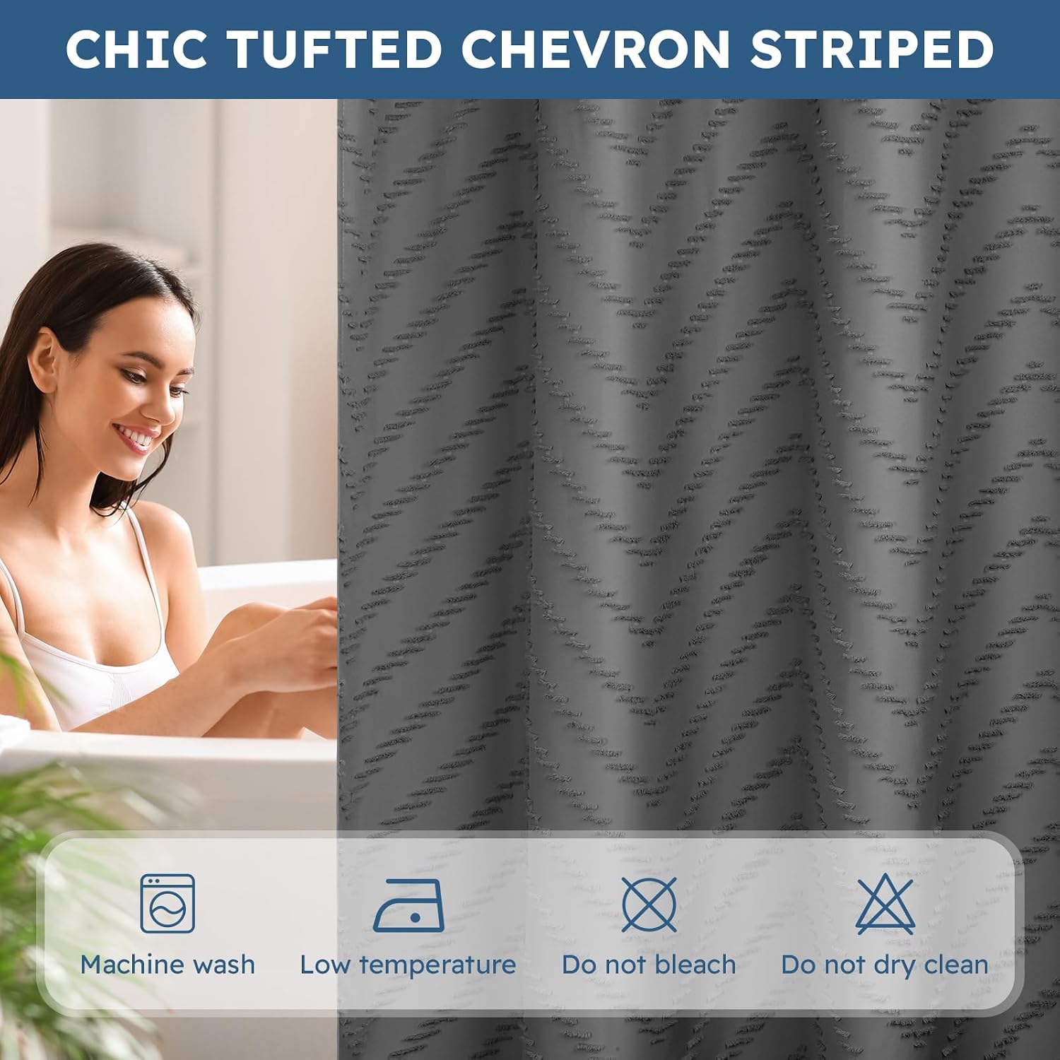 FADOTY No Hook Shower Curtain and Snap in Liner Set Grey Tufted Chevron Striped Cloth Waterproof Washable Fabric Boho Gray Bath Curtain with See Through Mesh Top Window for Bathroom Hotel 71" x 74" - Image 4