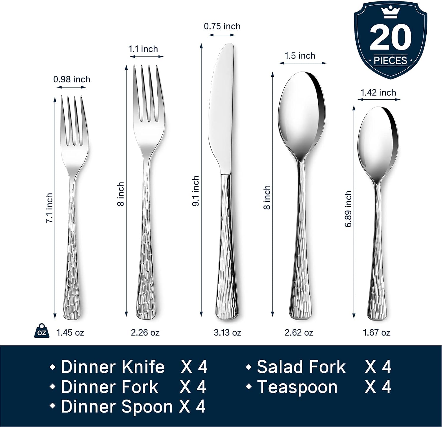 KINGSTONE Hammered Silverware Set, 20-Piece Flatware Set, 18/10 Stainless Steel Premium Cutlery with Unique Ripple Handles Design Mirror Polished - Dishwasher Safe - Image 2