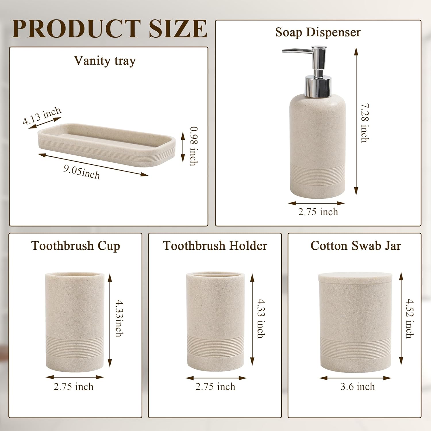 Bathroom Accessories Set, 6-Piece Bathroom Accessory Set, Toothbrush Holders Set, Soap Dispenser, Vanity Tray, Tumbler, Cotton Swab Jars, Bathroom Organizer for Modern Bathrooms(Beige) - Image 7