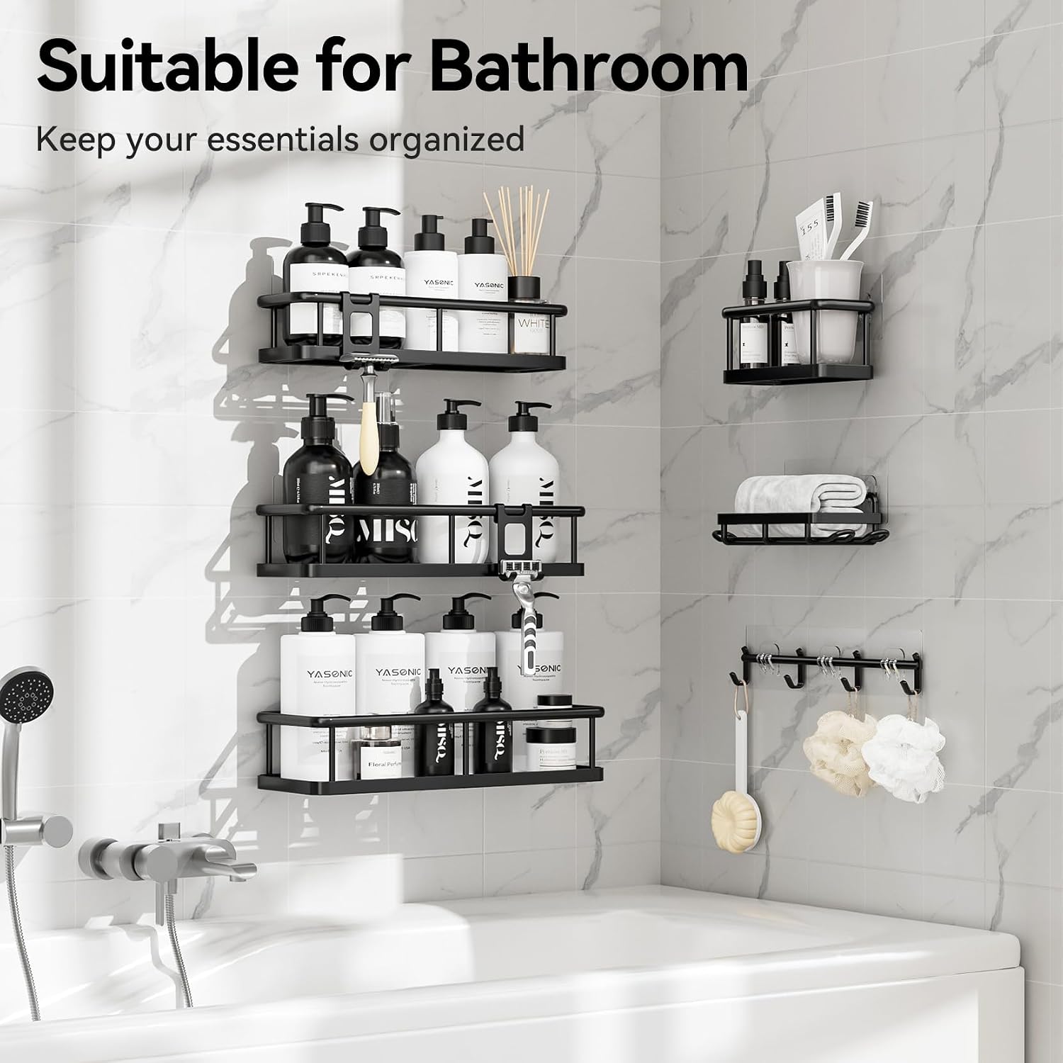 YASONIC Shower Caddy Adhesive, Rustproof Shower Organizer with Soap Holder, Large Capacity Shower Shelves for Inside Shower, No Drilling Bathroom Organizers and Storage for Home Decor 6 Pack Black - Image 6