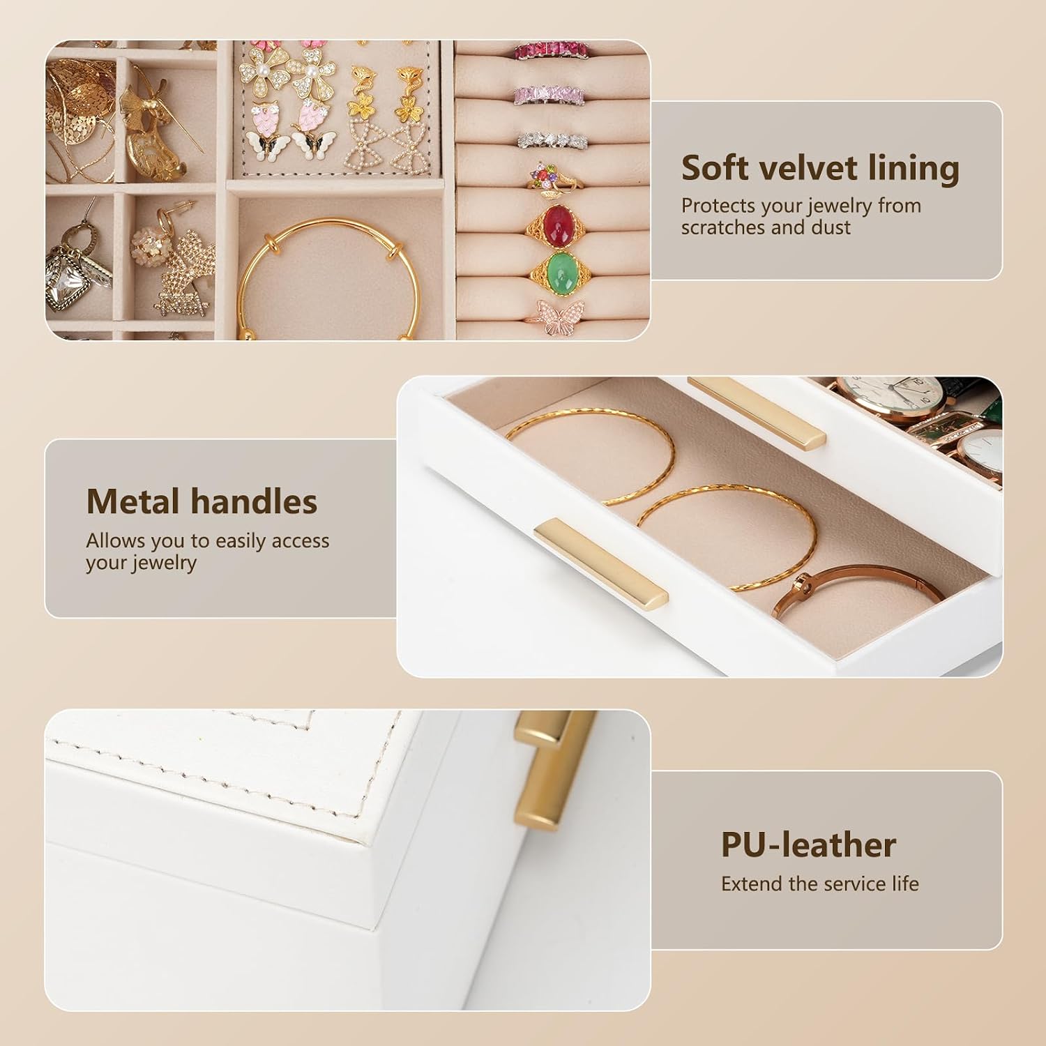 Jewelry Box for Women, 3-Layer Jewelry Box, Jewelry Organizer with Clear Glass Lid and Drawers, Jewelry Organizers and Storage for Necklaces, Rings, Earrings, Bracelets(White) - Image 3