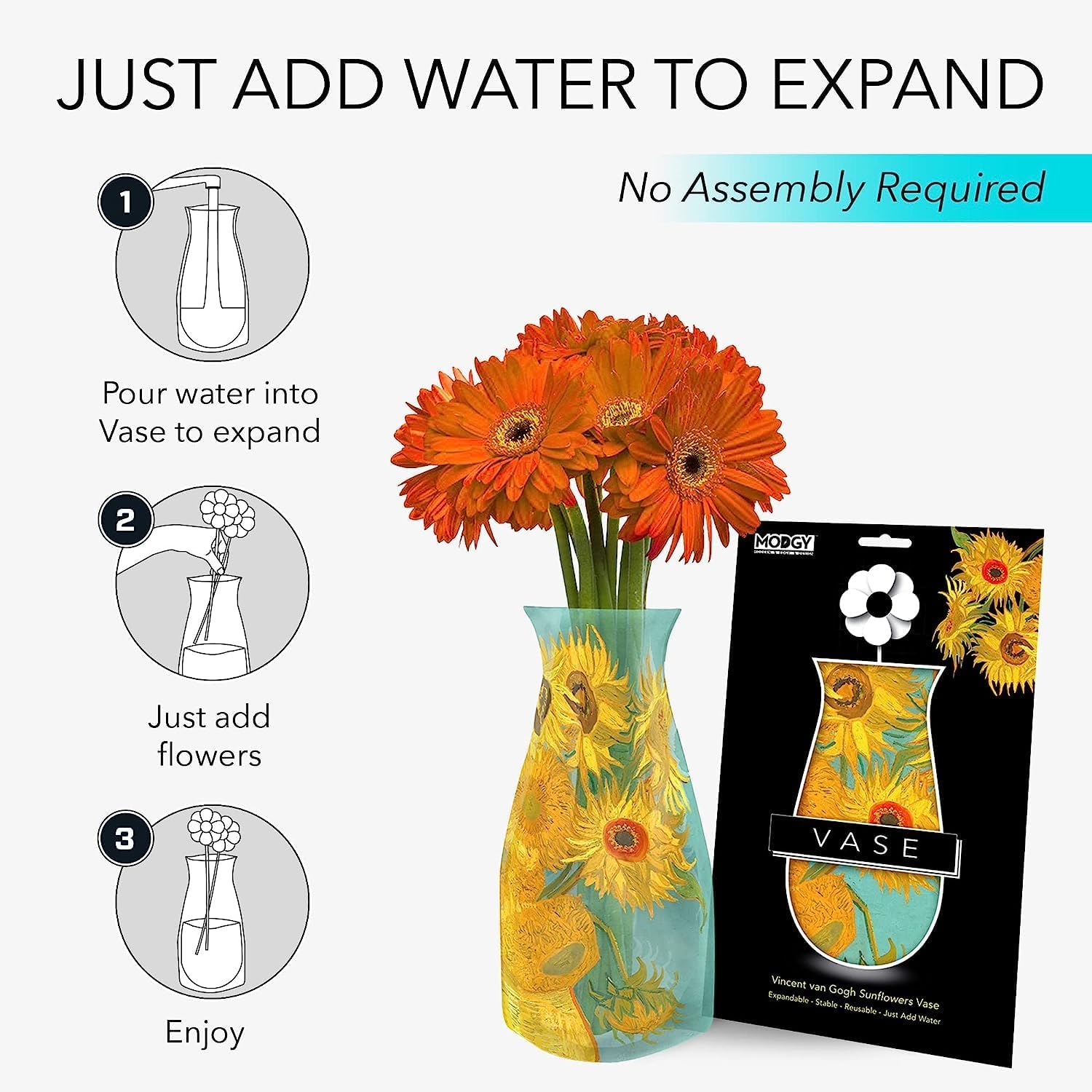 MODGY Collapsible and Expandable Plastic Flower Vase, Unbreakable, Foldable, Decorative Modern Centerpieces, Table Decorations, Van Gogh Sunflowers, 1 Pack - Image 4