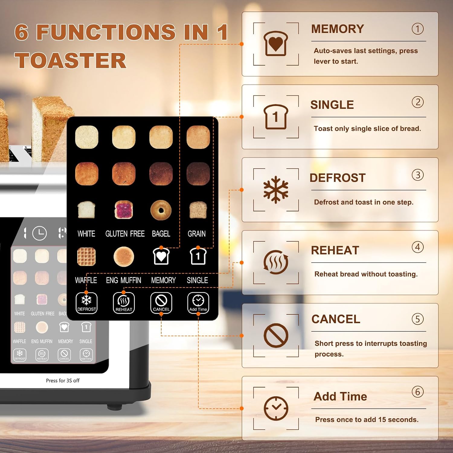 4 Slice Toaster Touch Screen, Stainless Steel Toasters Digital Timer, Dual Control Panel Toasters, 8 Shade Settings 6 Bread Types for Bagel, Cancel, Defrost 1650W Black - Image 4
