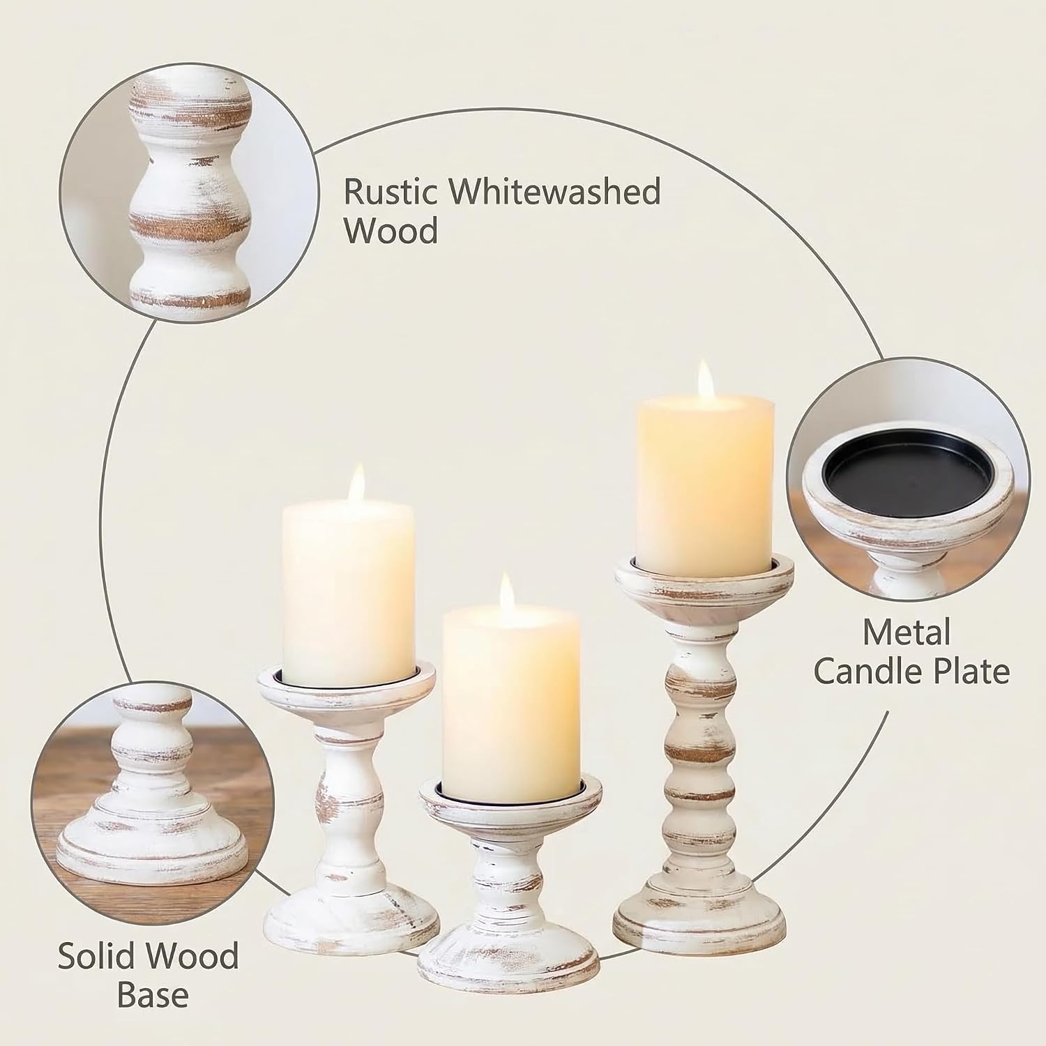 Romadedi Wood Candle Holders for Pillar Candles - Set of 3 Tall Farmhouse Wooden Candlestick Holder, Rustic Candle Stand for Fireplace Mantle Shelf Table Home Decor, Brown Whitewashed 3.9"/6"/ 8.3" - Image 6