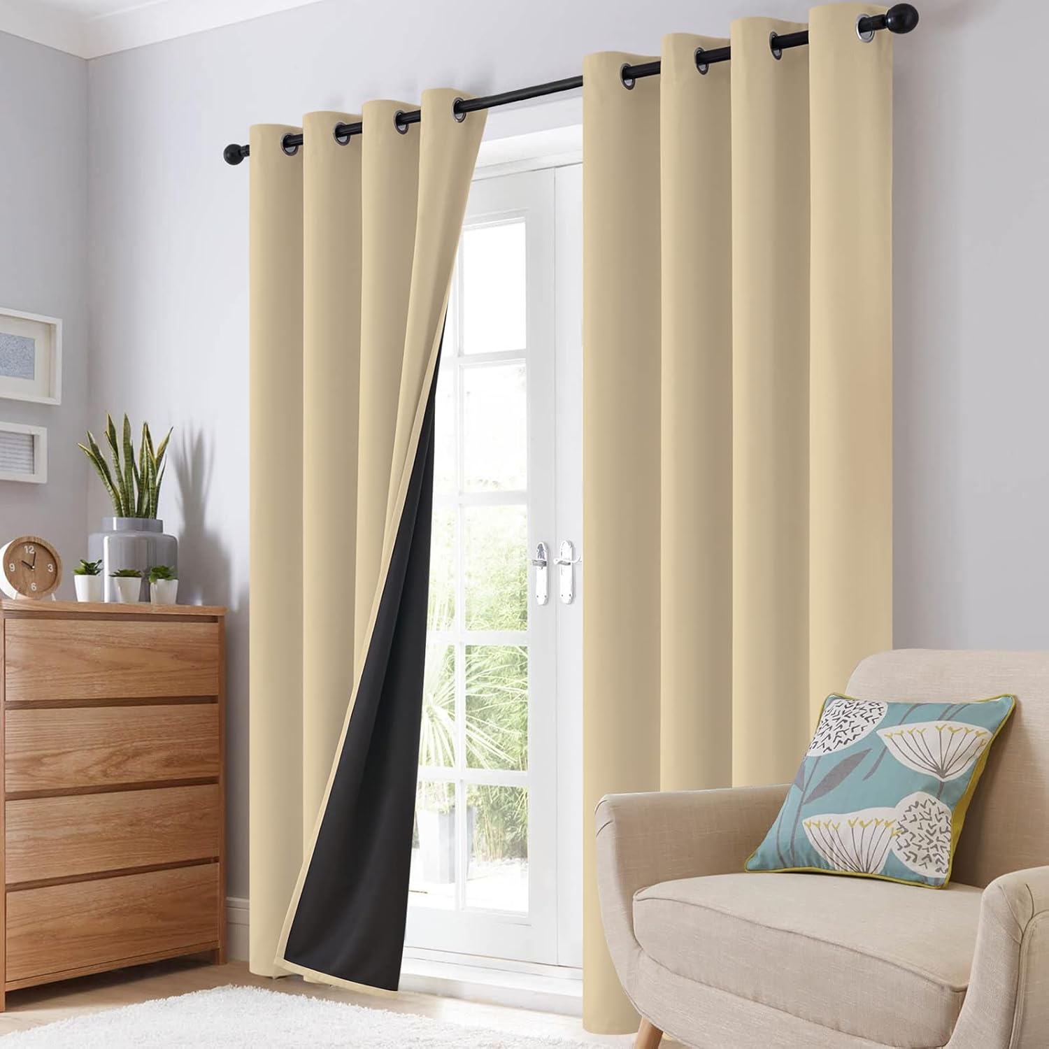 SimpleHome 100% Blackout Curtains for Bedroom,Thermal Insulated Grommet Window Drapes Room Darkening Beige Curtains for Living Room with Black Back,52 x 84 Inch,2 Panels - Image 8