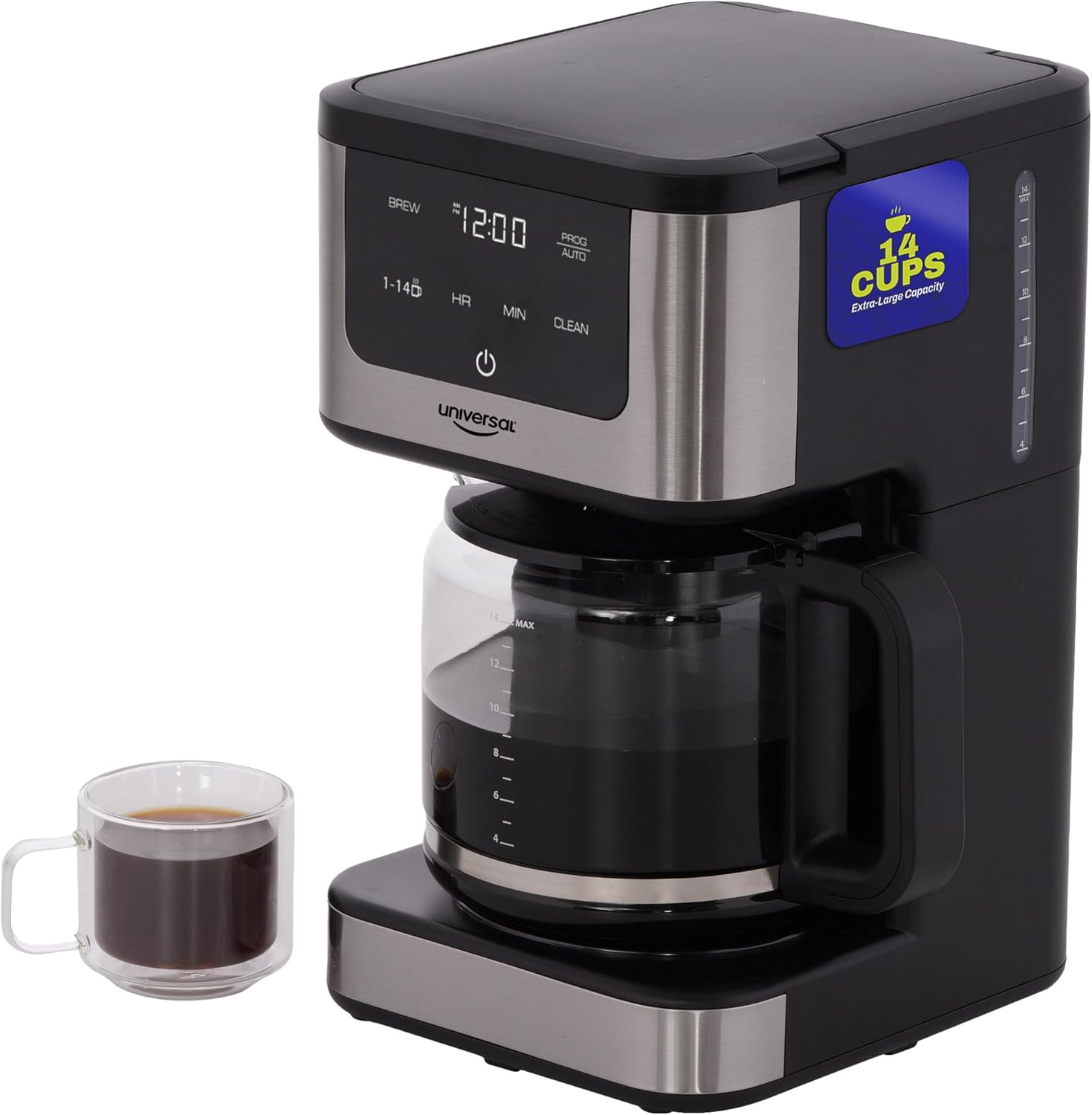 universal 14-Cup Programmable Drip Coffee Maker with 24-Hour Timer, Self-Cleaning System, Glass Carafe & Reusable Filter