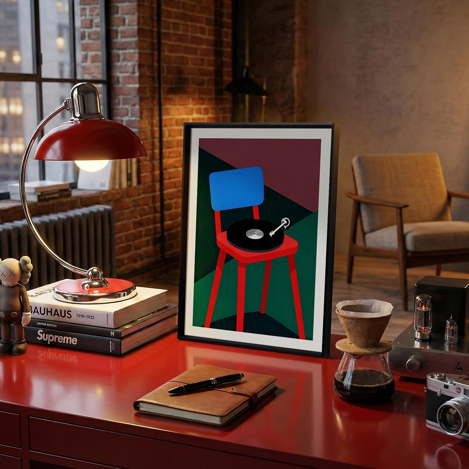 Modern Framed Abstract Music-Inspired Wall Art for Living Room Bedroom | 12x16 Inch Minimalist Chair & Vinyl Picture Print, Black Metal Framed Geometric Artwork for Bedside Tables Foyer Bookshelves - Image 4