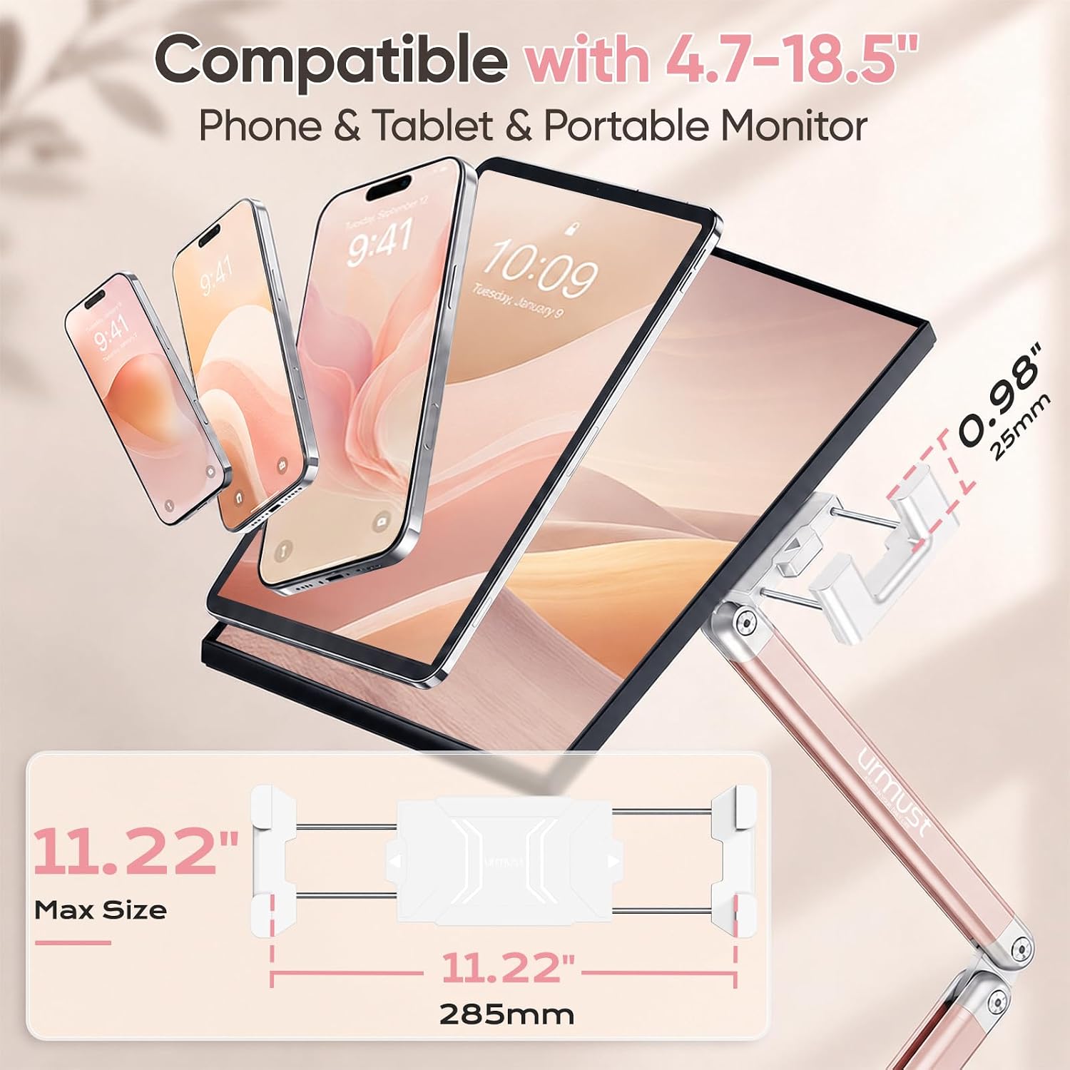 Urmust Portable Monitor Stand 15.6", iPad Stand for Desk, Portable Monitor Holder up to 18.5", Adjustable Desktop Tablet Arm Mount, iPad Holder for Desk, for 4.7"-12.9" i Pad Pro/Air/Mini Pink - Image 2