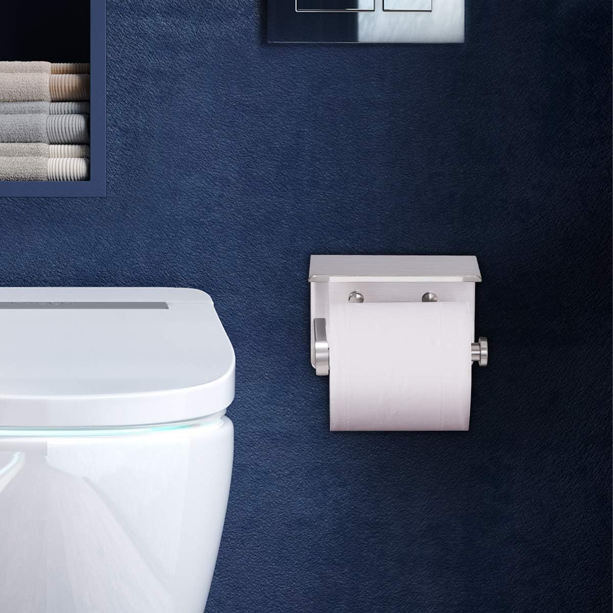 VAEHOLD Self Adhesive Toilet Paper Holder with Phone Shelf Stainless Steel Wall Mounted Toilet Paper Roll Holder - Rustproof and Bathroom Washroom Tissue Roll Holder with Storage Shelf - Silver - Image 3