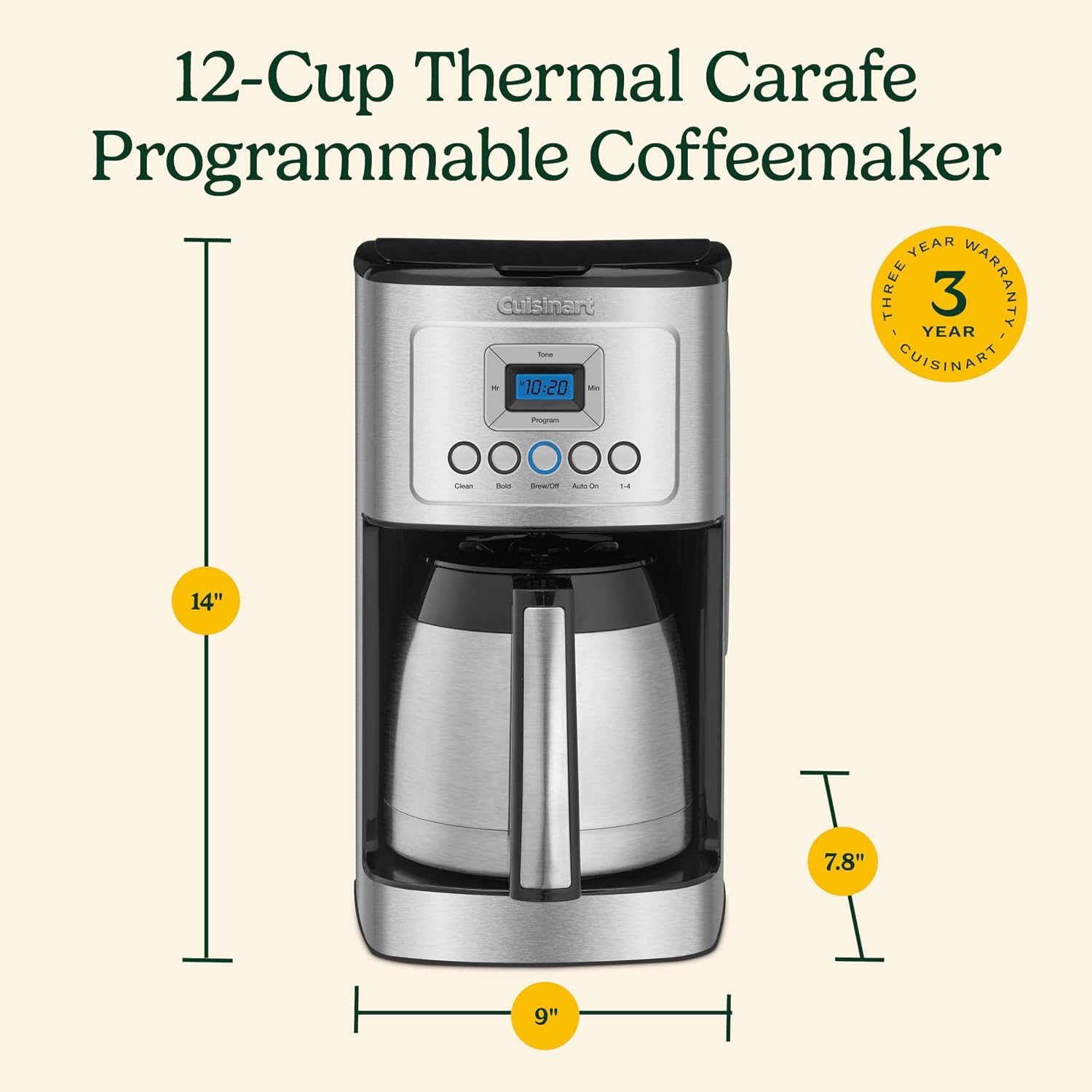 Cuisinart 12-Cup Coffee Maker, Programmable PerfecTemp Thermal Carafe Coffee Machine with 1-4 Cup Setting, Brew Strength Control and Brew Pause, Stainless Steel, DCC-3400NAS, Silver - Image 9