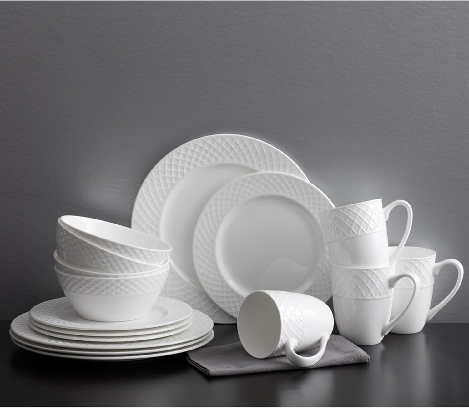 Mikasa Trellis 16-Piece Bone China Dinnerware Set, White, Includes Dinner Plates, Salad Plates, Cereal Bowls and Mugs, Dishwasher Safe - Image 8