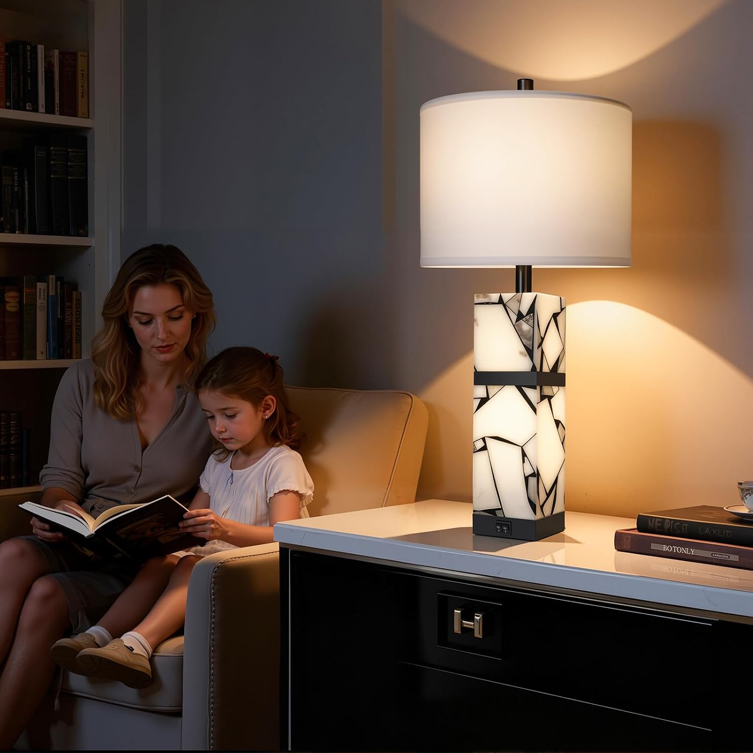 Scenekoy 27" Alabaster Table Lamps Set of 2 with Night Light for Living Room Bedroom, Nightstand Lamps with Linen Shade, Modern Bedroom Lamps with USB A+C Ports for Living Room Office (Bulb Included) - Image 5